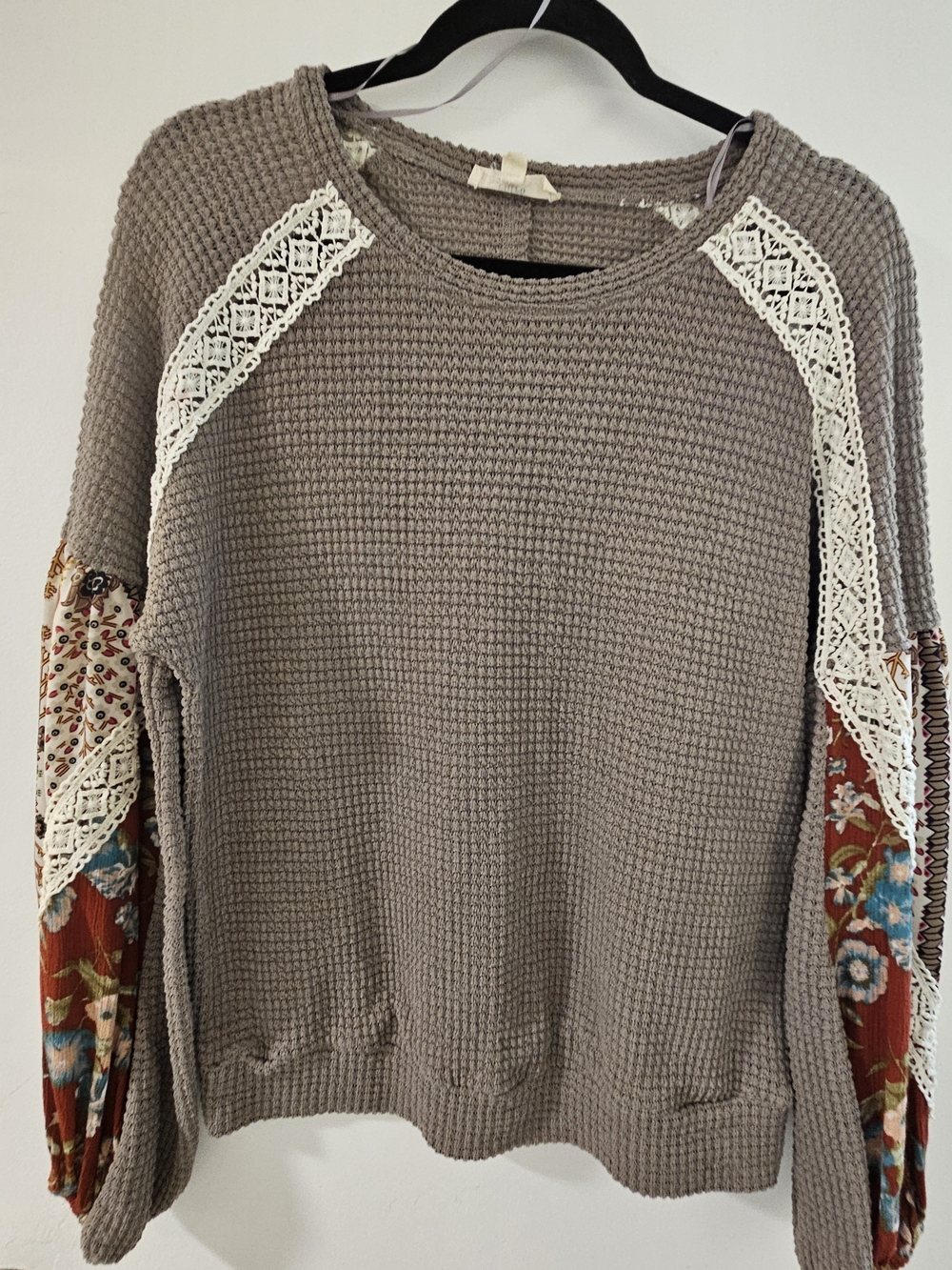 Waffle Knit Crochet Accent Sweater - Taupe with Floral Sleeves